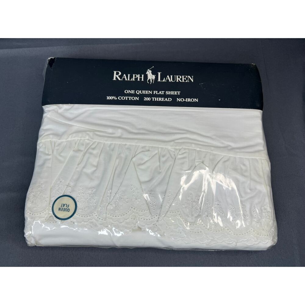 Vintage Ralph Lauren Home White Queen Flat Ruffled Eyelet Sheet NOS